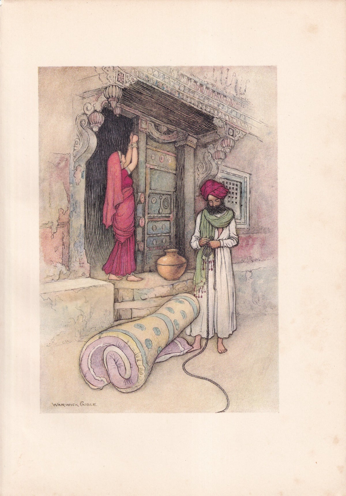 Warwick Goble colour print of a couple preparing for a journey beside a doorway and rolled bedding.