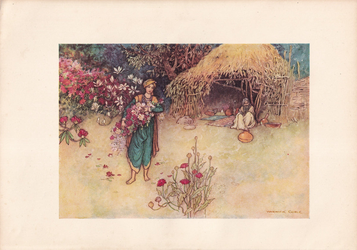 Warwick Goble colour print of a young man gathering pink and white flowers beside a thatched shelter.