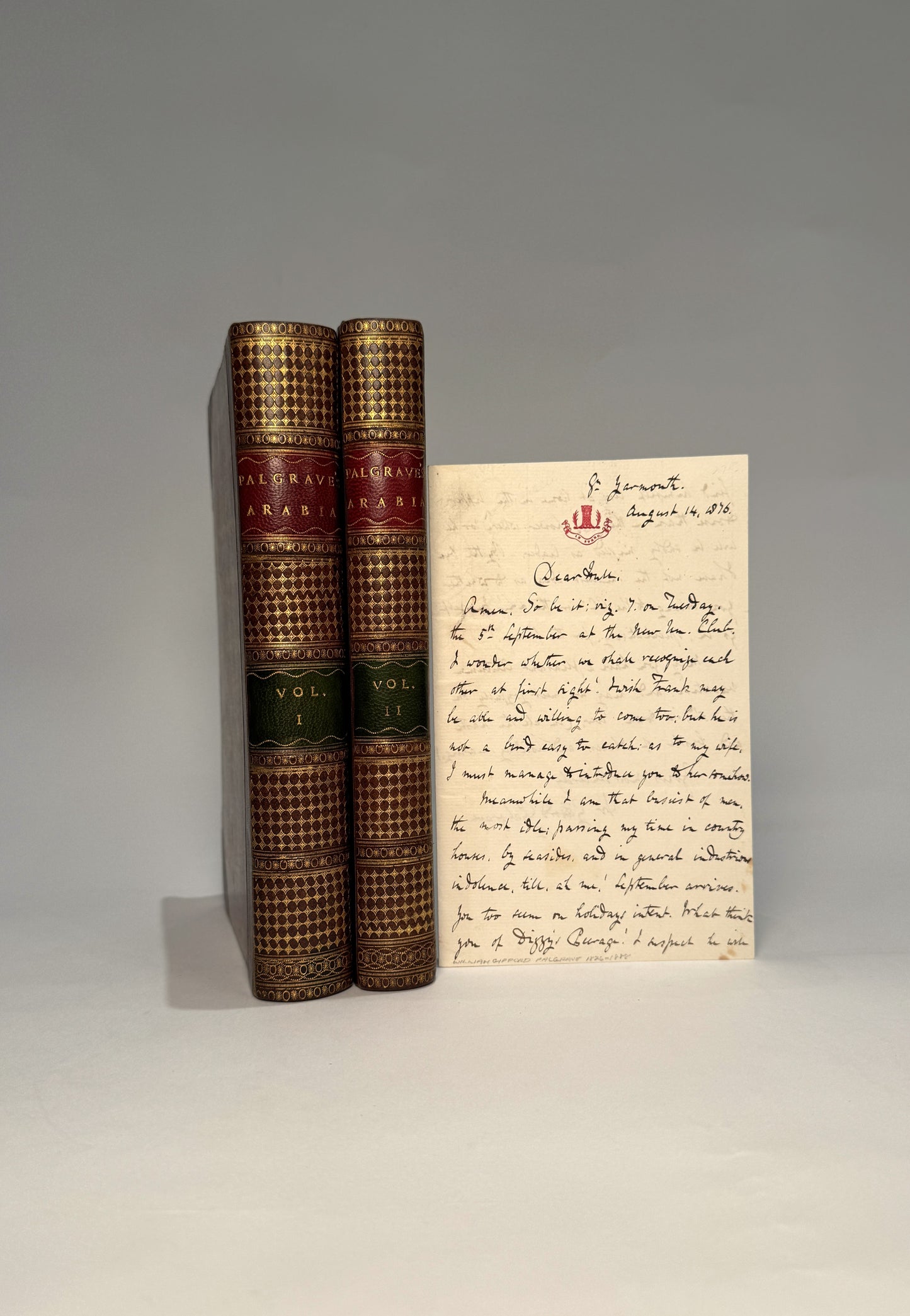 Narrative of a Year's Journey through Central and Eastern Arabia (1862-63) - William Gifford Palgrave, 2 Volumes, Leather-Bound with Folding Maps & Autograph Letter Signed