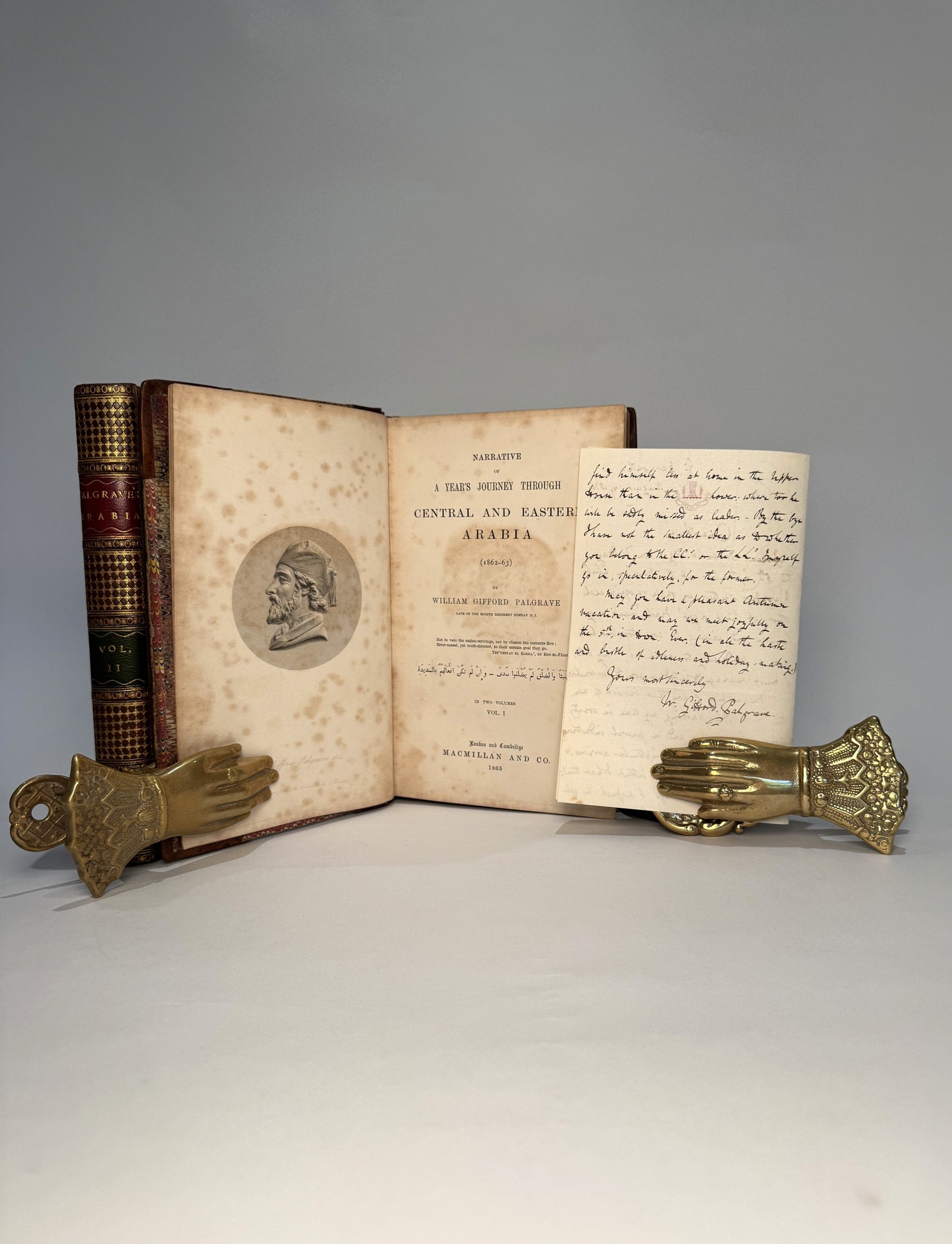 Narrative of a Year's Journey through Central and Eastern Arabia (1862-63) - William Gifford Palgrave, 2 Volumes, Leather-Bound with Folding Maps & Autograph Letter Signed