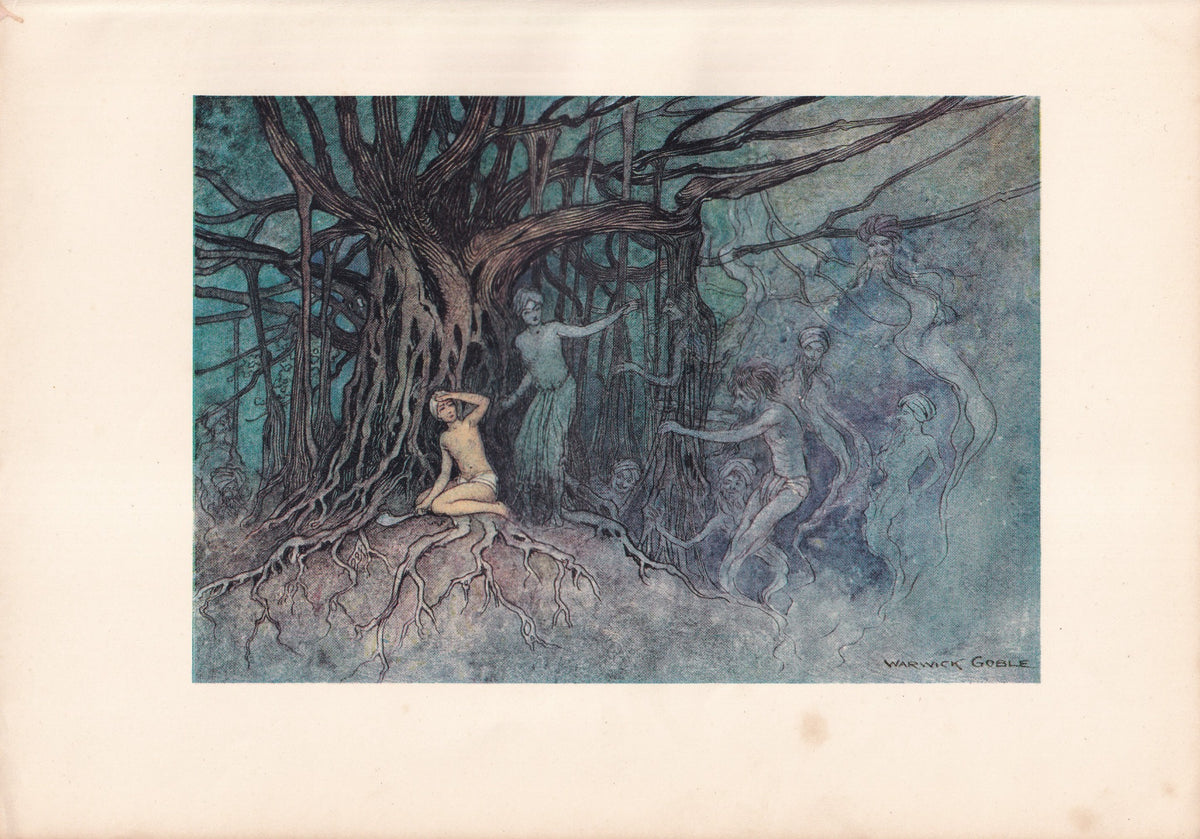 Warwick Goble colour print of ghosts gathering around a man beneath an ancient tree.