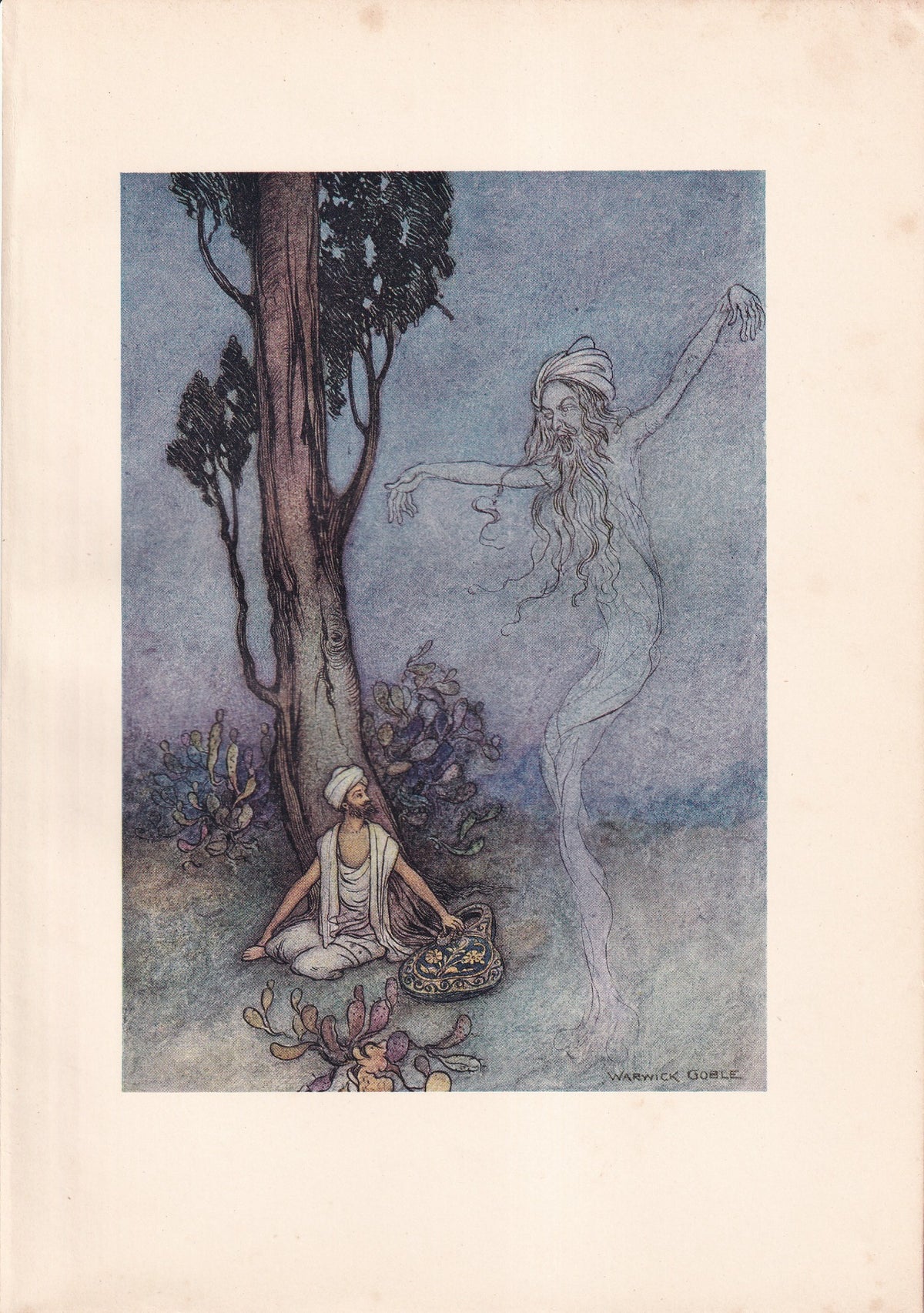 Warwick Goble colour print of a towering ghost confronting a seated barber beneath a tree.