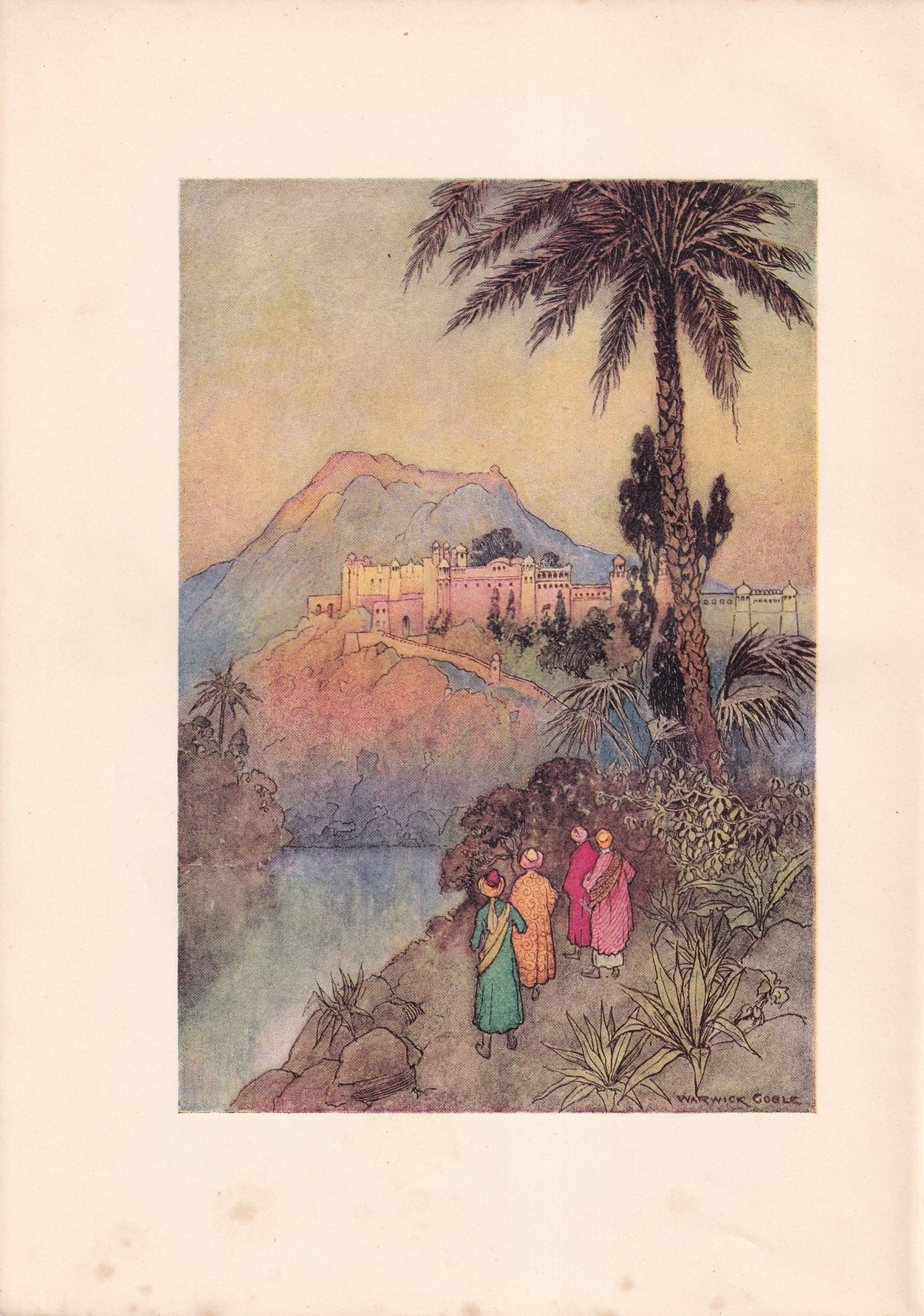 Warwick Goble colour print of four travellers approaching a lakeside palace beneath tall palms.