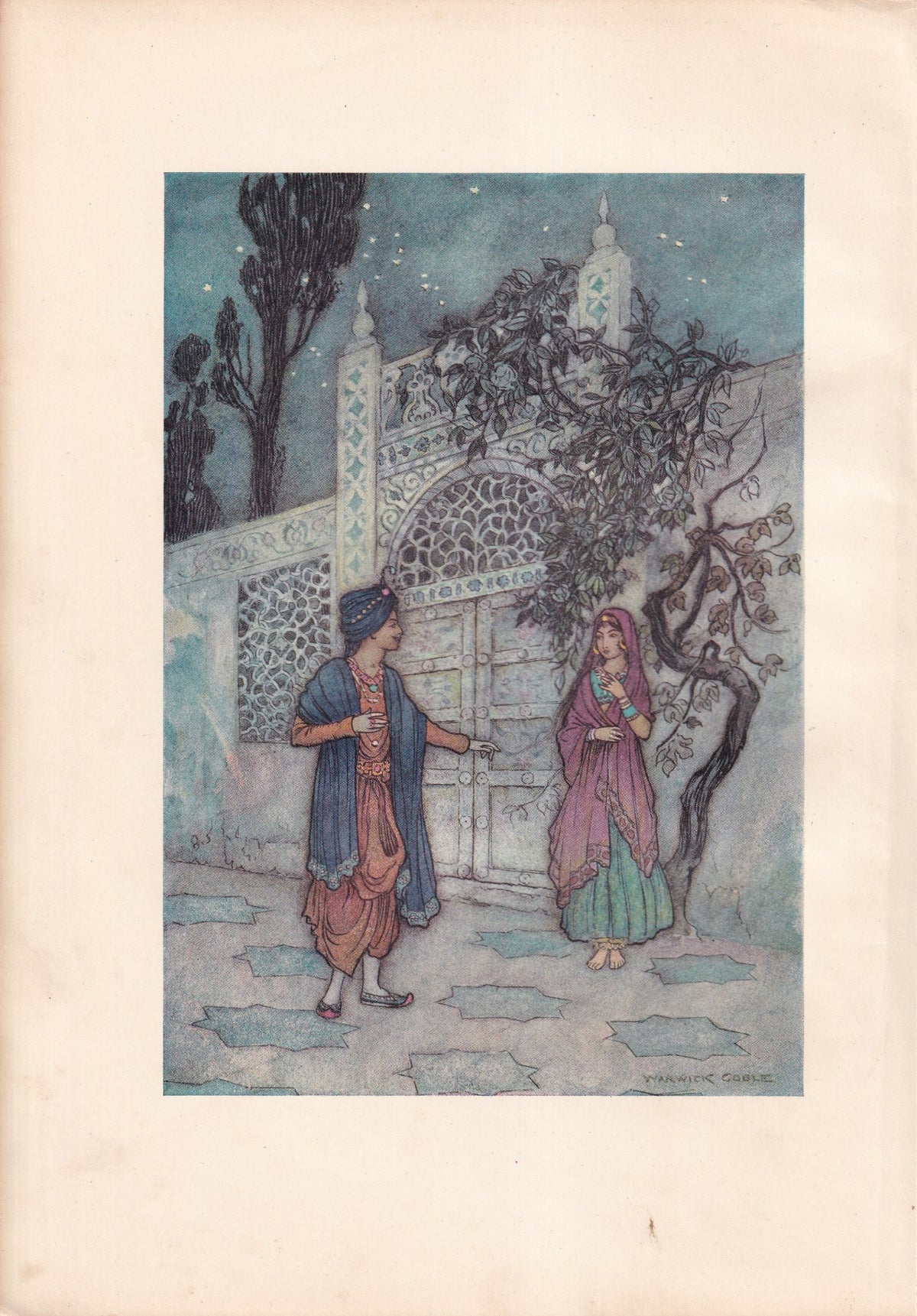 Warwick Goble colour print of a prince and veiled woman beside a palace gate under a starry sky.