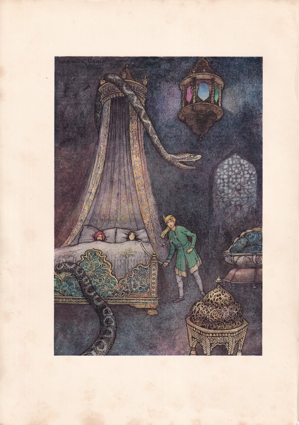 Warwick Goble colour print of a young man confronting a serpent above an ornate canopy bed.