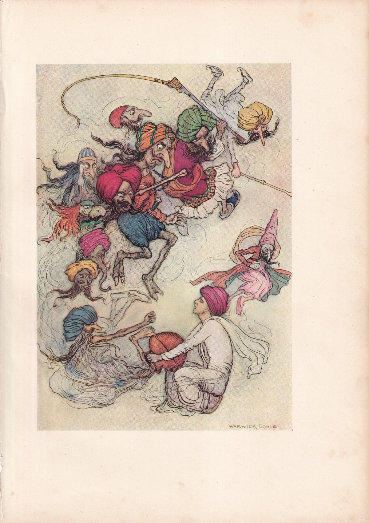 Warwick Goble colour print of colourful demons swirling around a seated man and an earthenware vessel.