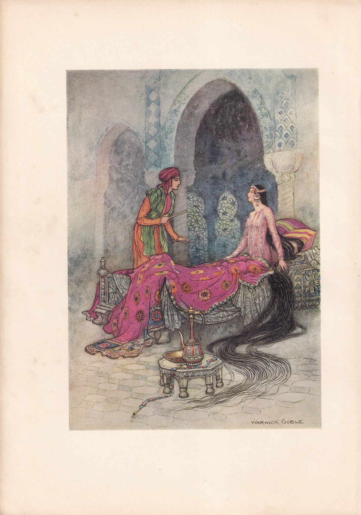 Warwick Goble colour print of a long-haired princess sitting up in bed as a young visitor speaks to her.