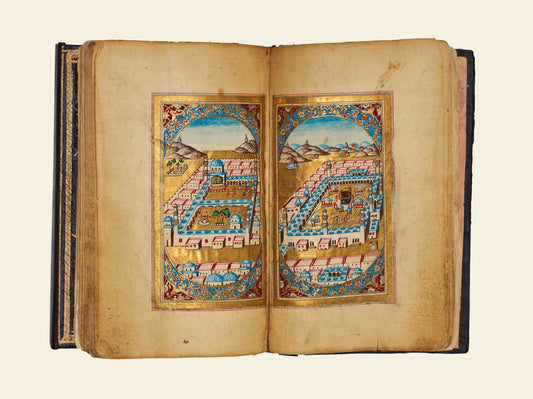 Illuminated views of Medina on the left and Mecca with the Kaaba on the right, in Dala’il al-Khayrat, c. 1785.