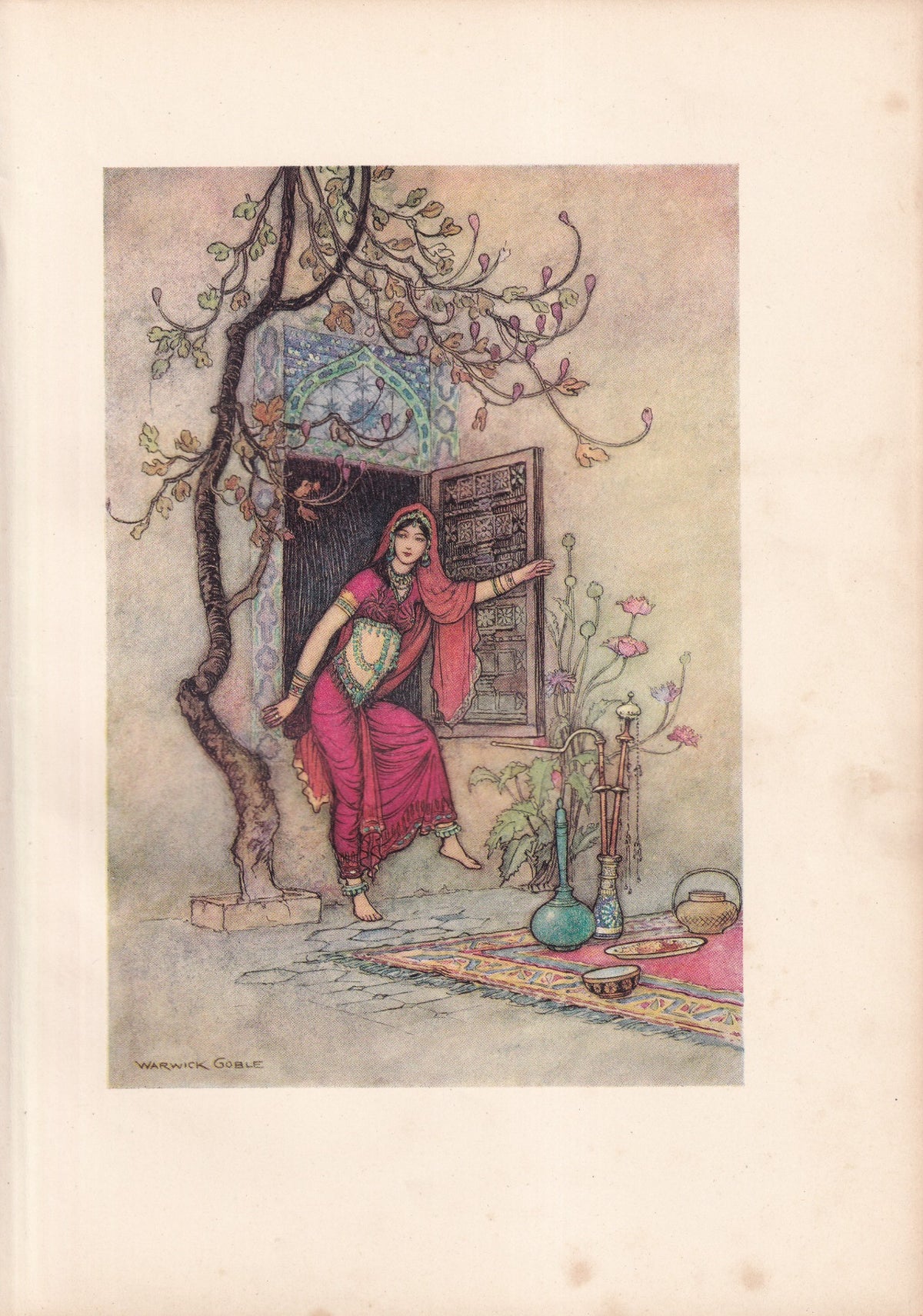 Warwick Goble colour print of a girl in pink emerging from a wall cupboard beside flowers and a patterned rug.