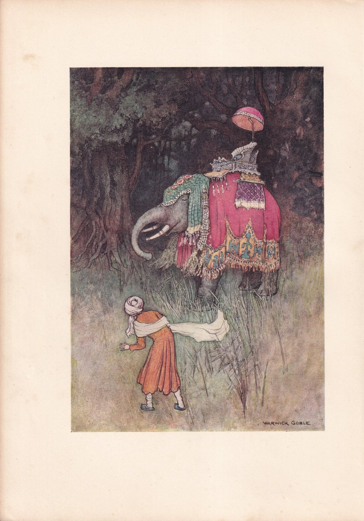 Warwick Goble colour print of an elephant in elaborate pink and green trappings meeting a traveller in a forest.
