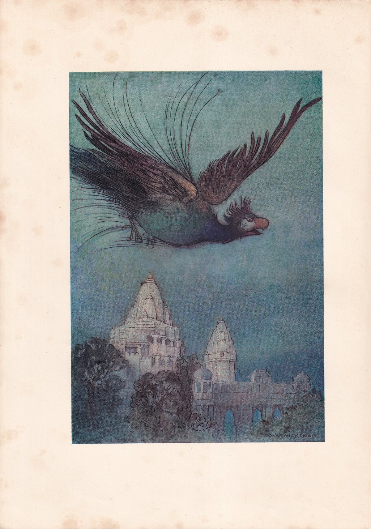 Warwick Goble colour print of an enormous fantastical bird flying above a distant palace.