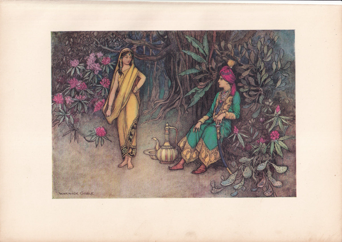 Warwick Goble colour print of a richly dressed man and a woman in yellow beneath a flowering tree.