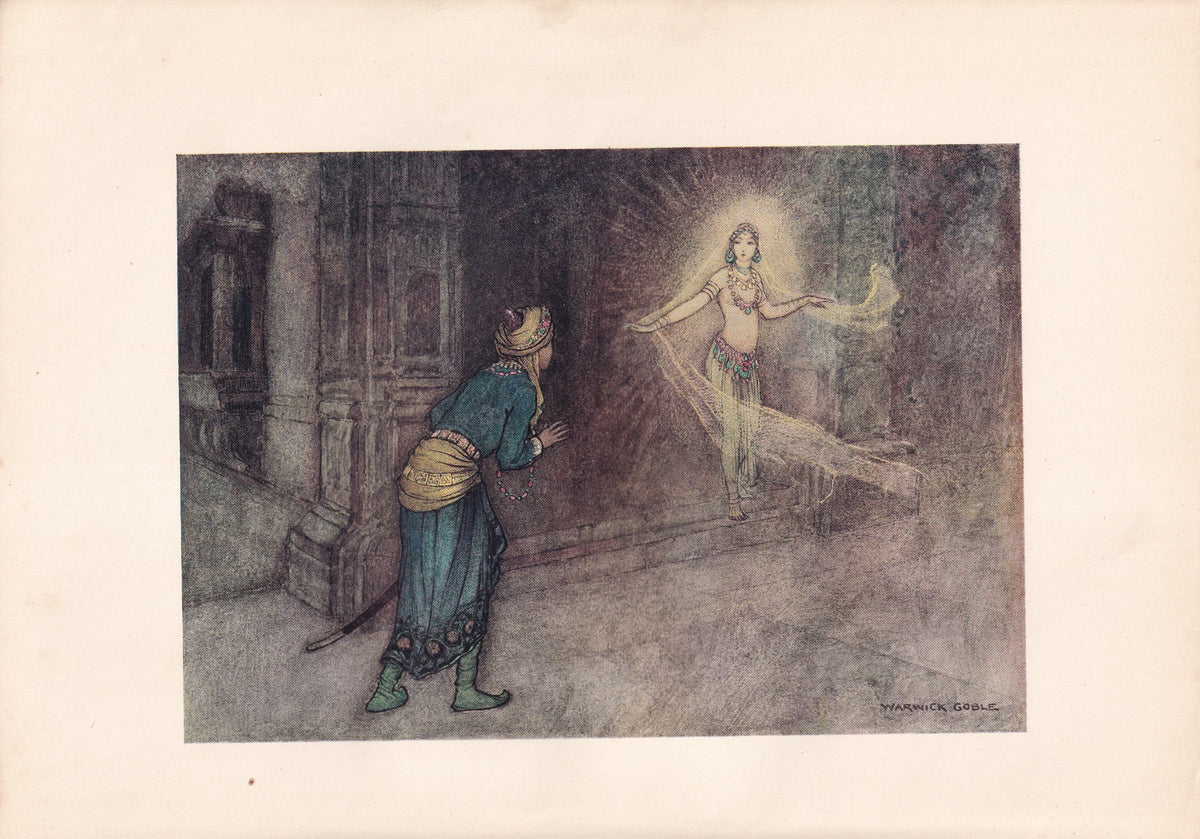 Warwick Goble colour print of a luminous woman appearing before a man in a dark palace interior.