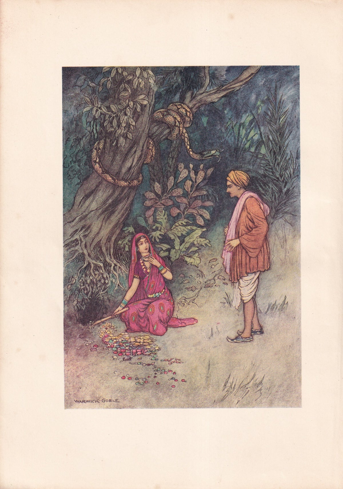 Warwick Goble colour print of a woman beside treasure, a watching man and a serpent coiled around a tree.