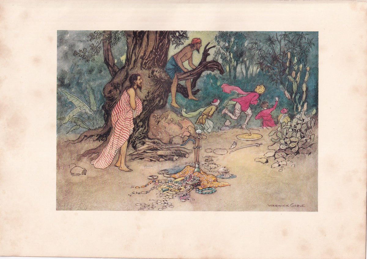 Warwick Goble colour print of figures fleeing through woods and leaving a hoard of money and jewels behind.