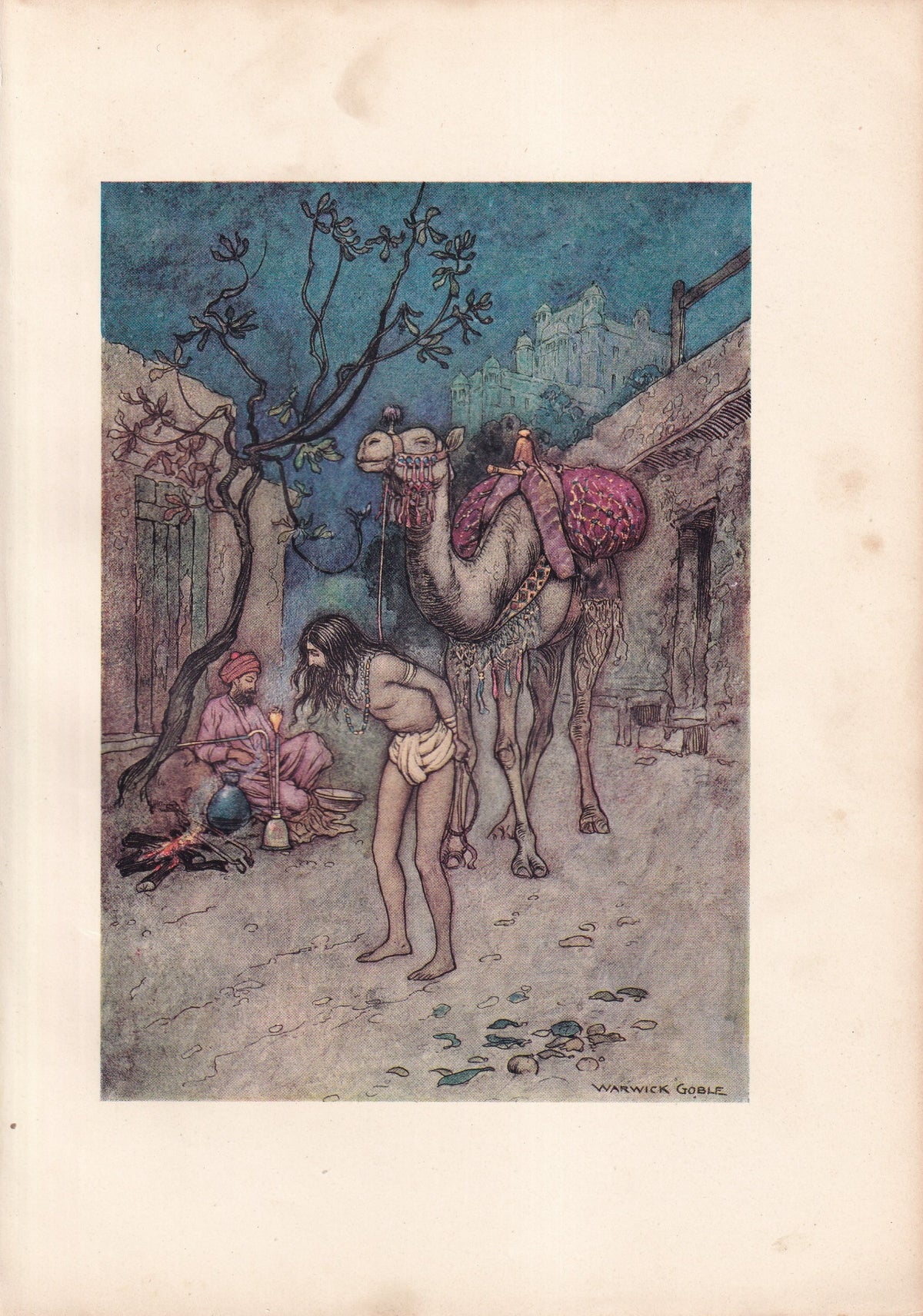 Warwick Goble colour print of a decorated camel, its seated driver and a traveller in a village street.
