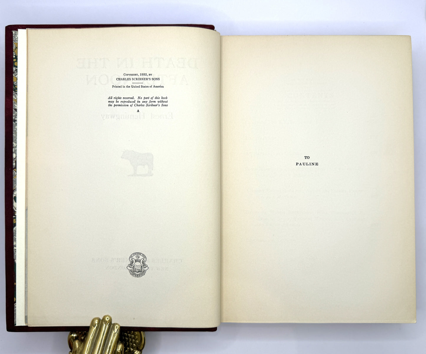 Ernest Hemingway - Death in the Afternoon in Fine Red Morocco Binding with Gilt Bull