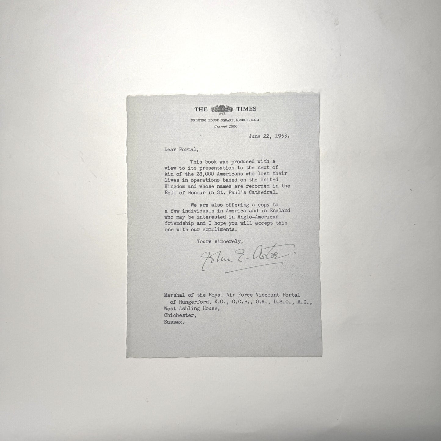 Britain’s Homage to 28,000 American Dead - Astor Presentation to Air Marshal Lord Portal