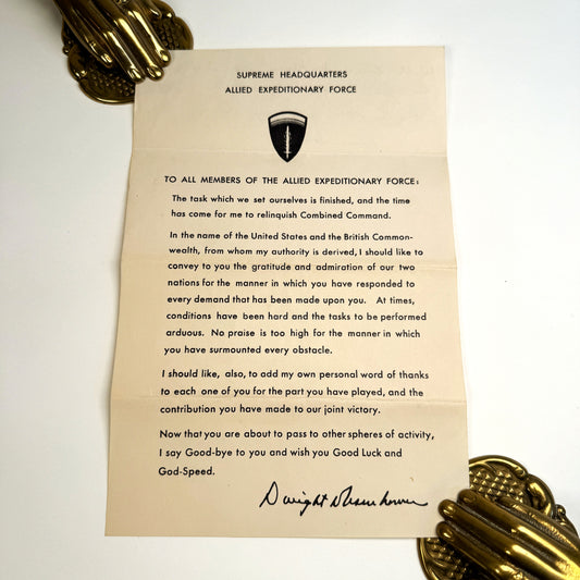 A vintage military letter printed on aged beige paper, addressed from Dwight D. Eisenhower to Allied Expeditionary Force members.