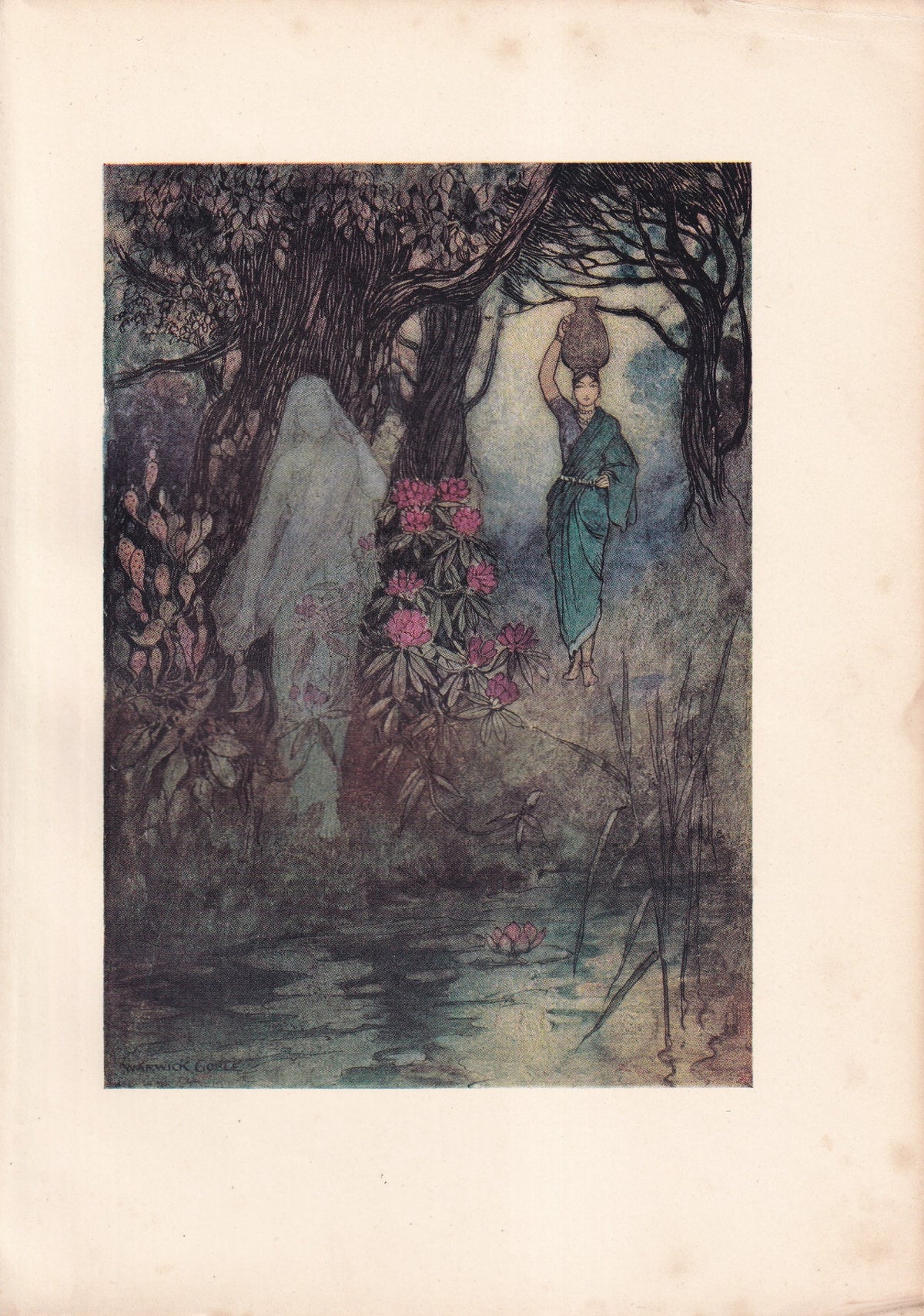 Warwick Goble colour print of a woman carrying a water pot past a ghostly figure beside a woodland pool.