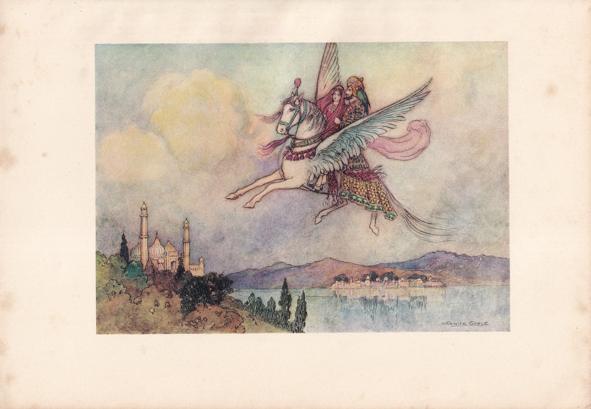 Warwick Goble colour print of a king and woman riding a white winged horse above a lake and palaces.