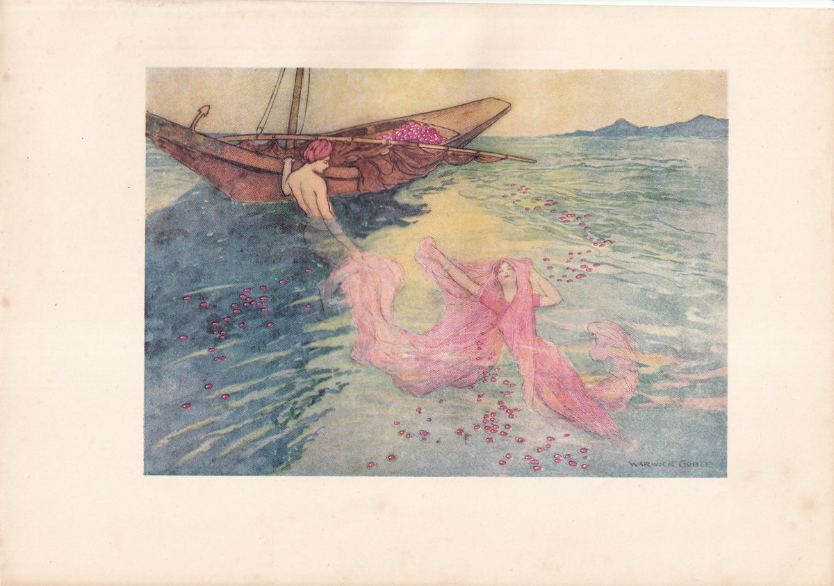 Warwick Goble colour print of a woman in flowing pink drapery and a man reaching a wooden boat.