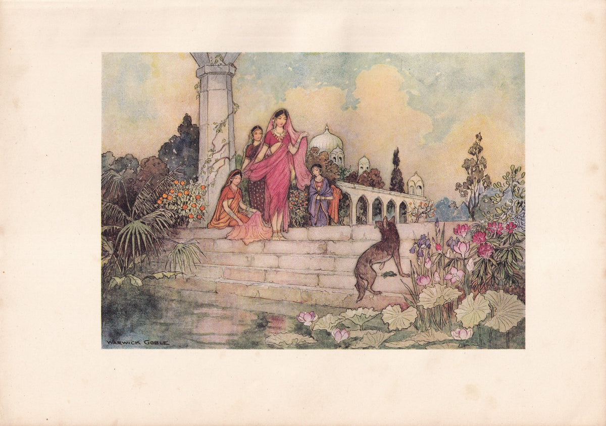 Warwick Goble colour print of a jackal before richly dressed women beside a palace lotus pool.