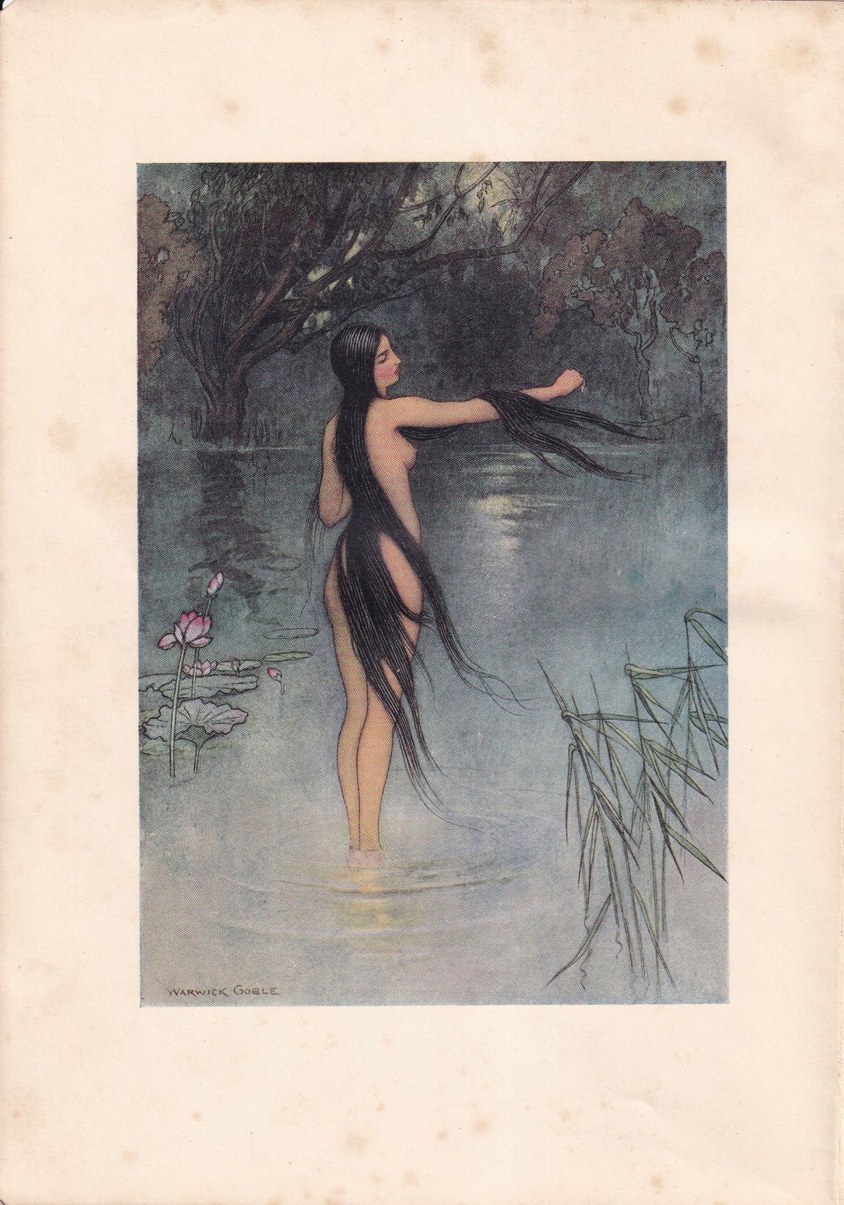 Warwick Goble colour print of a long-haired woman standing in a secluded pool among lotus flowers and reeds.